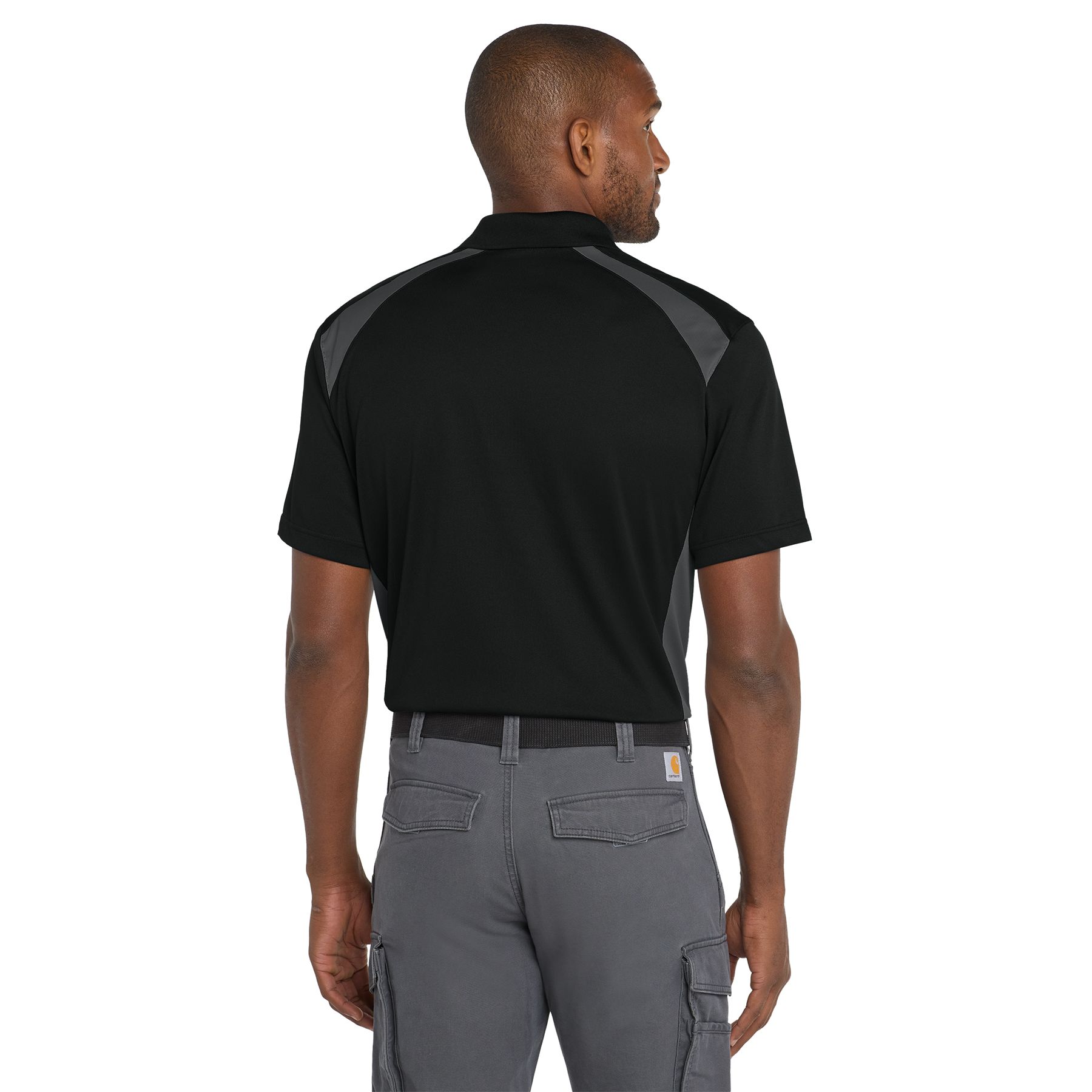 Black and Charcoal performance polo made from snag-proof polyester with a flat knit collar, three-button placket, left chest pocket, open hem sleeves, side vents, and colorblock design.