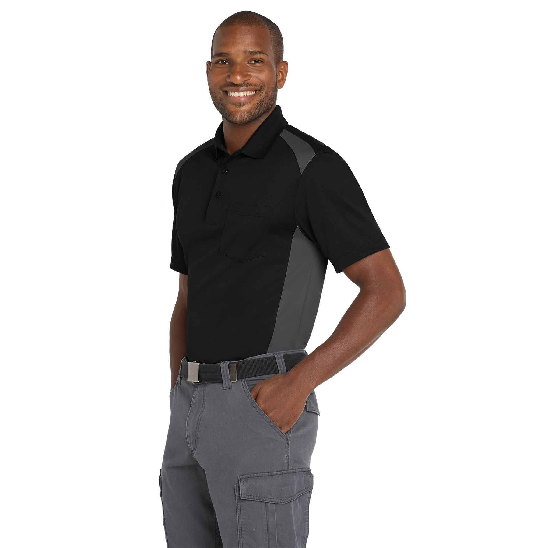 Black and Charcoal performance polo made from snag-proof polyester with a flat knit collar, three-button placket, left chest pocket, open hem sleeves, side vents, and colorblock design.