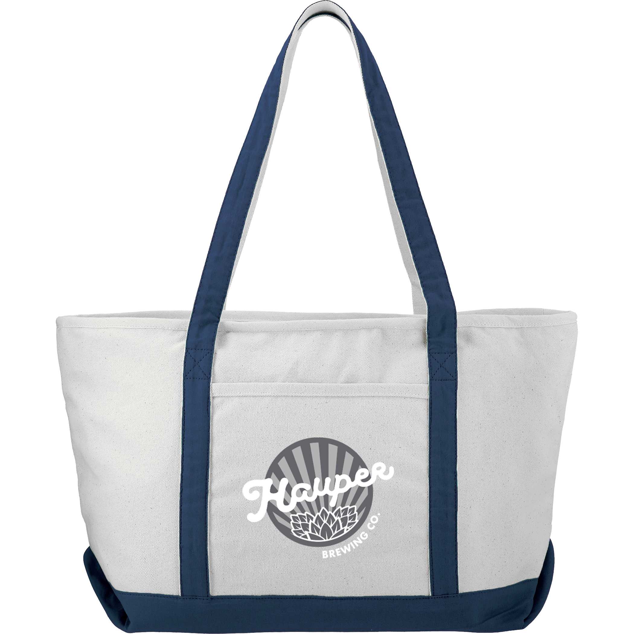 Blue cotton canvas boat tote featuring a zippered main compartment, sturdy carry handles, and a spacious design for everyday use, shopping, or travel.