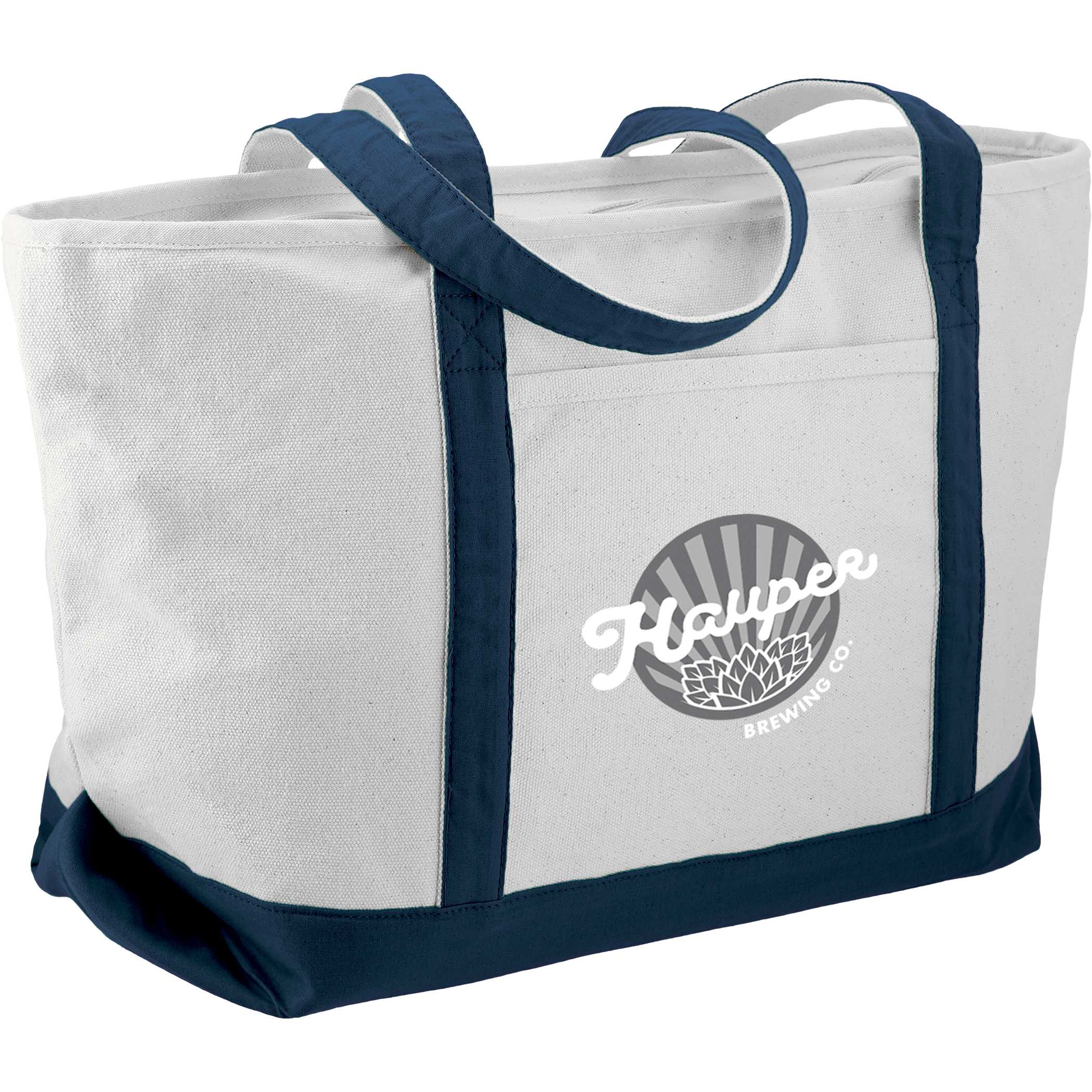 Blue cotton canvas boat tote featuring a zippered main compartment, sturdy carry handles, and a spacious design for everyday use, shopping, or travel.