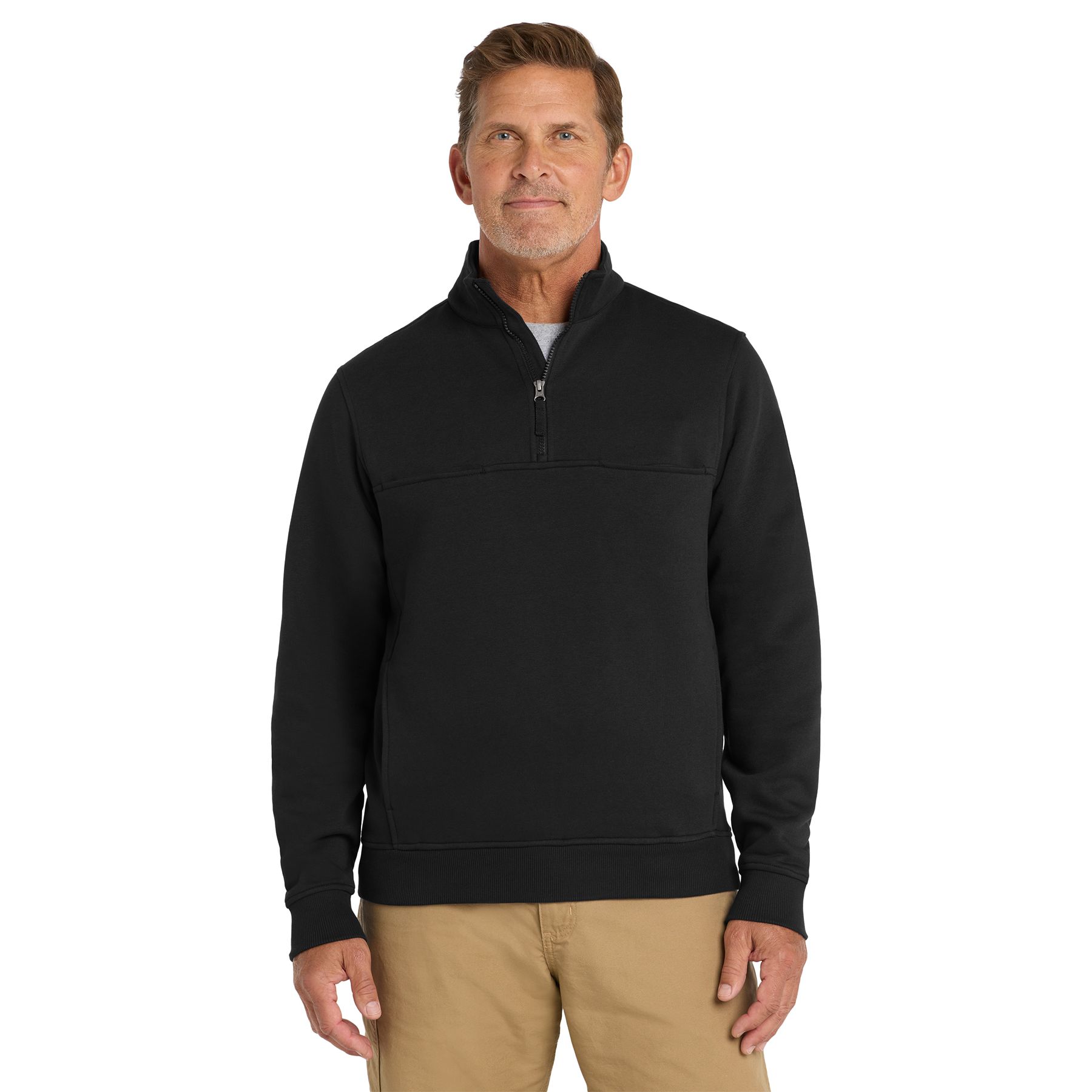 Black fleece job shirt made from a 65% cotton and 35% polyester blend with a half-zip front, dual shoulder microphone clips, adjustable right chest pocket, front hand pockets, rib knit cuffs, and rib knit hem.