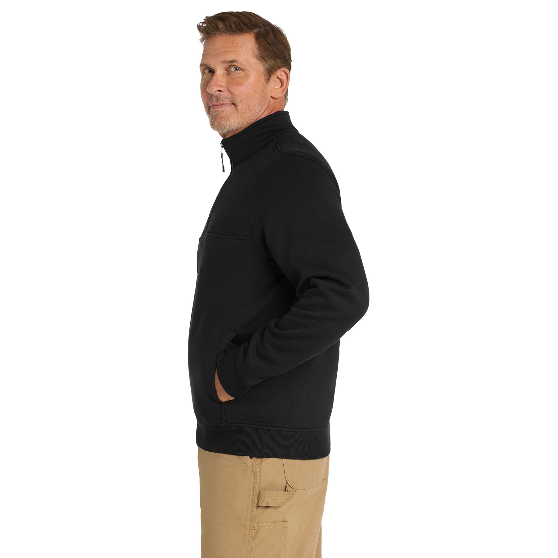 Black fleece job shirt made from a 65% cotton and 35% polyester blend with a half-zip front, dual shoulder microphone clips, adjustable right chest pocket, front hand pockets, rib knit cuffs, and rib knit hem.