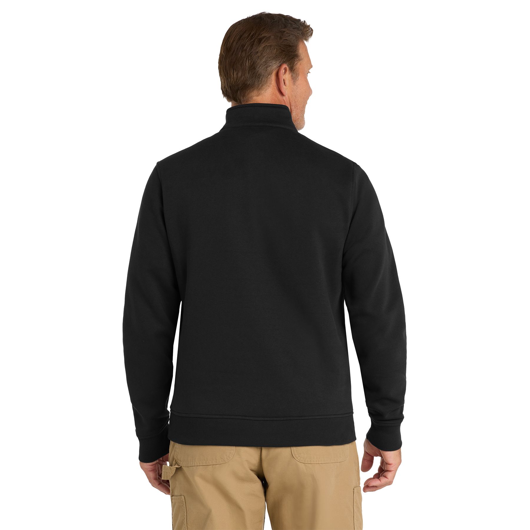 Black fleece job shirt made from a 65% cotton and 35% polyester blend with a half-zip front, dual shoulder microphone clips, adjustable right chest pocket, front hand pockets, rib knit cuffs, and rib knit hem.