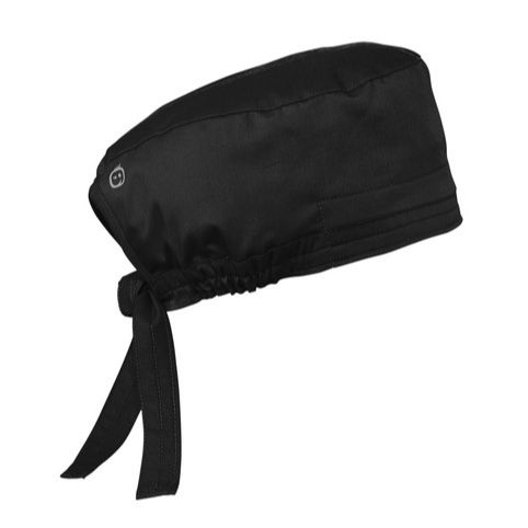 Black WonderWink® WorkFlex™ Scrub Cap, featuring a smooth poly-cotton blend with mechanical stretch, a back tie closure, covered elastic band, and a classic one-size-fits-most design for healthcare professionals, medical settings, and everyday clinical wear.
