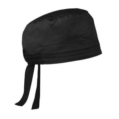 Black WonderWink® WorkFlex™ Scrub Cap, featuring a smooth poly-cotton blend with mechanical stretch, a back tie closure, covered elastic band, and a classic one-size-fits-most design for healthcare professionals, medical settings, and everyday clinical wear.
