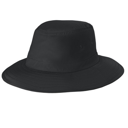 Black Port Authority® Lifestyle Brim Hat, featuring a wide brim for sun protection, lightweight woven fabric, an adjustable chin cord, and a relaxed outdoor design ideal for hiking, fishing, gardening, travel, and everyday wear.
