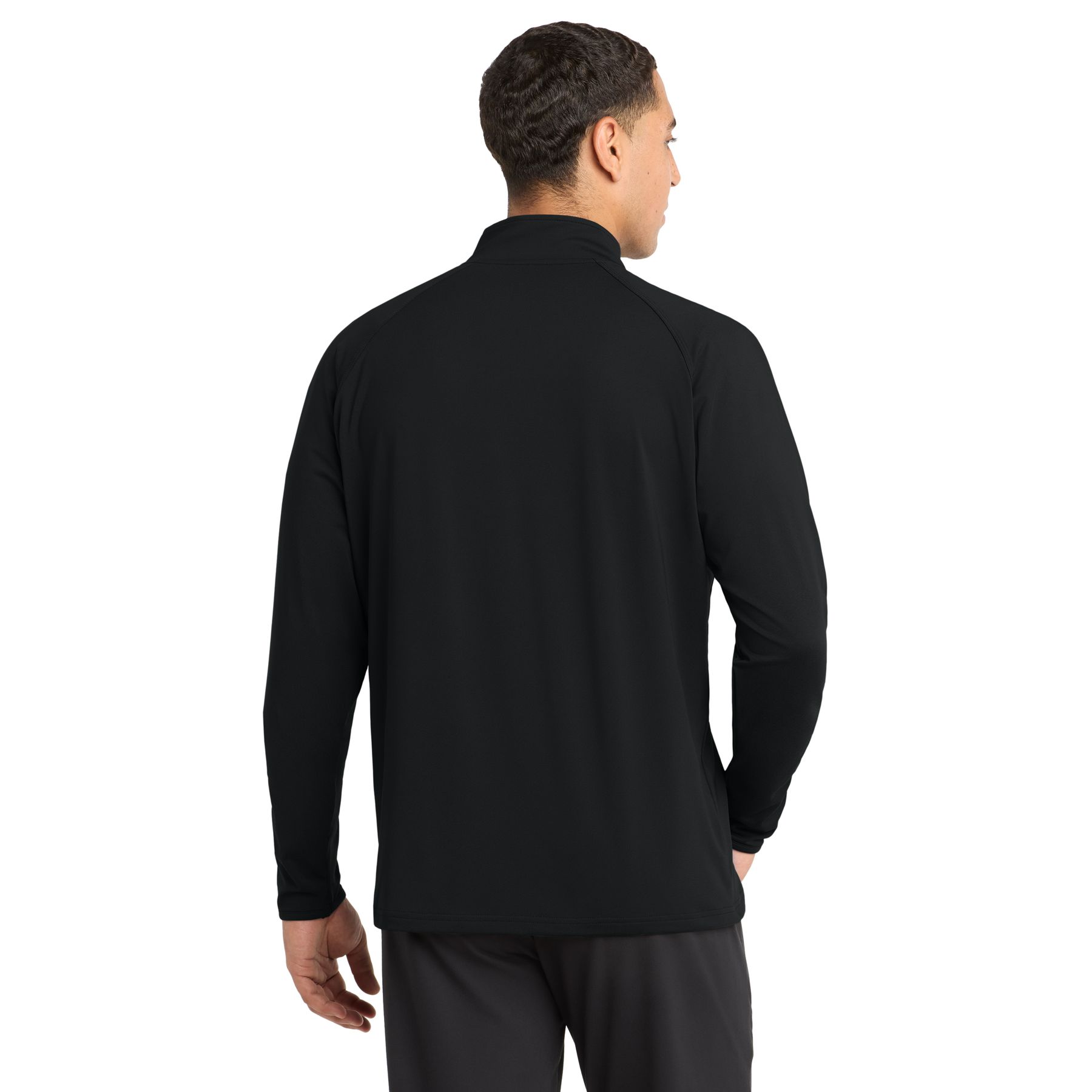 Black quarter-zip performance pullover made from a polyester and spandex jersey blend with a cadet collar, raglan sleeves, moisture-wicking fabric, soft-brushed backing, open cuffs, and open hem.