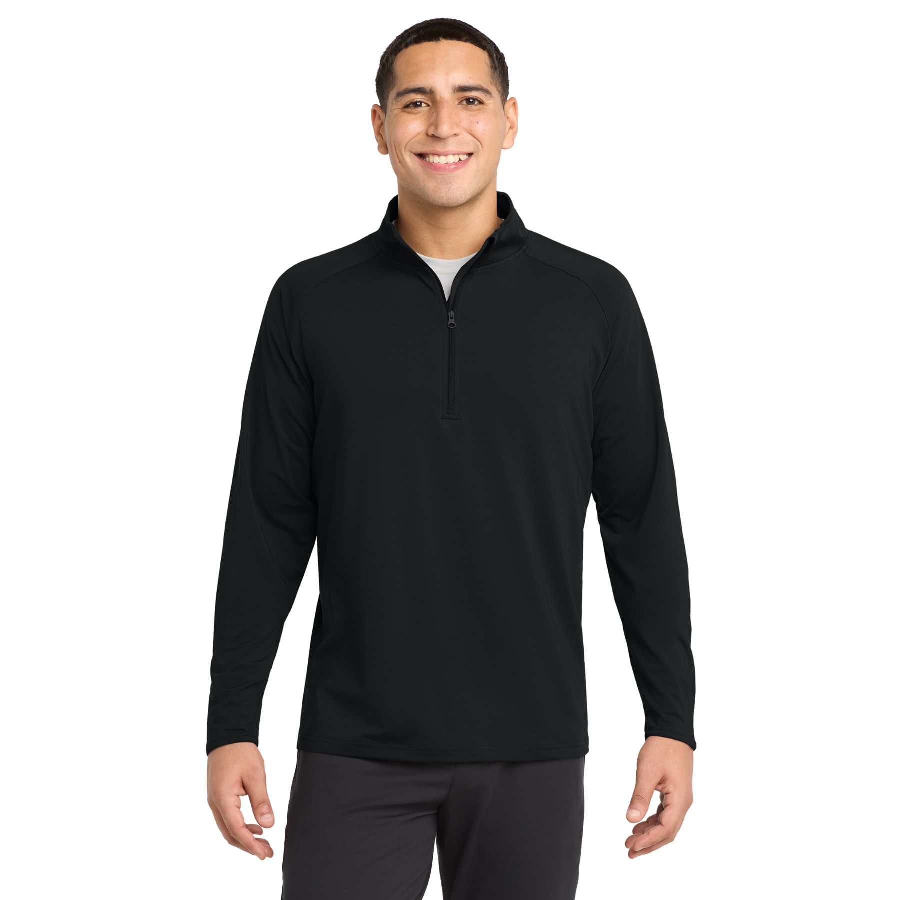 Black quarter-zip performance pullover made from a polyester and spandex jersey blend with a cadet collar, raglan sleeves, moisture-wicking fabric, soft-brushed backing, open cuffs, and open hem.