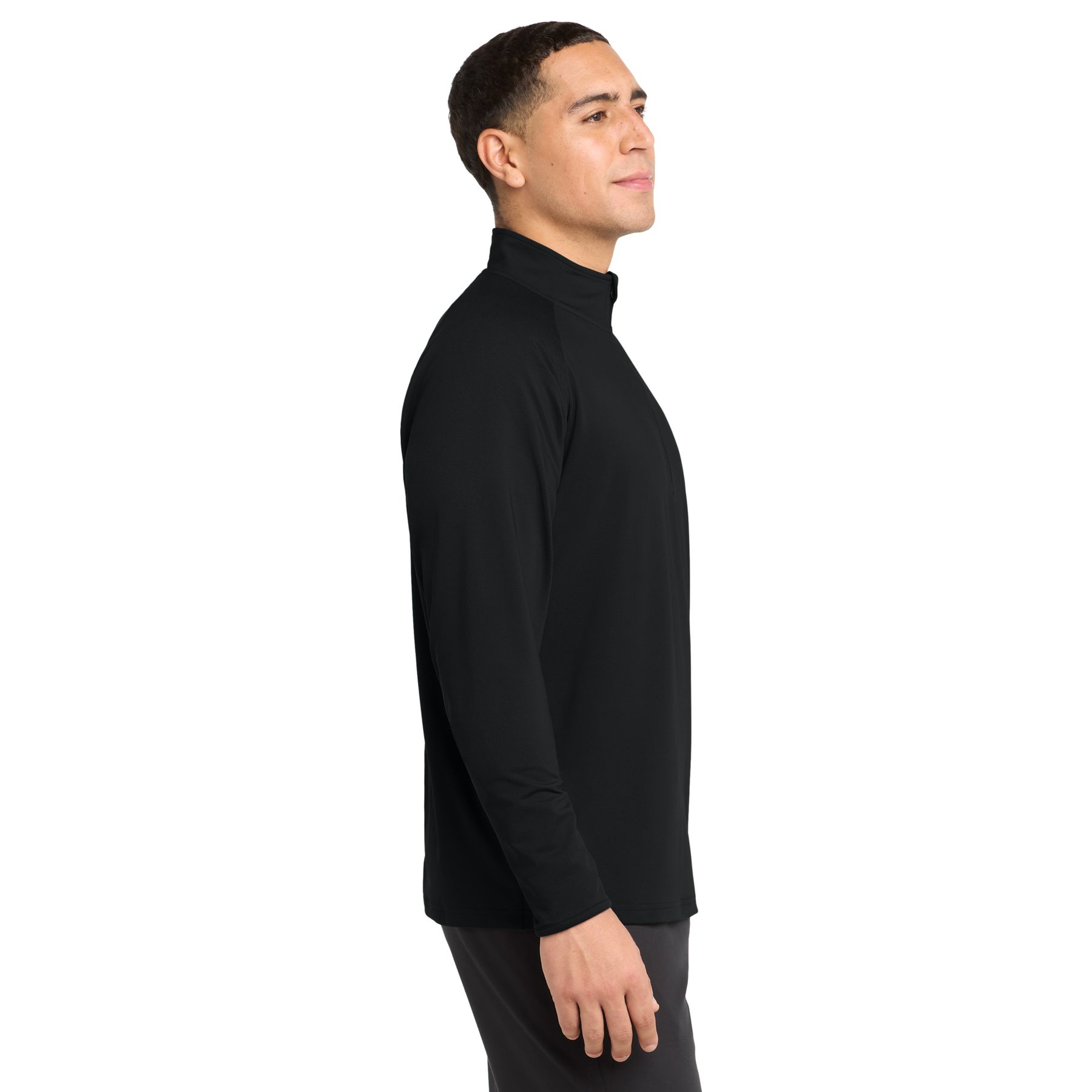 Black quarter-zip performance pullover made from a polyester and spandex jersey blend with a cadet collar, raglan sleeves, moisture-wicking fabric, soft-brushed backing, open cuffs, and open hem.