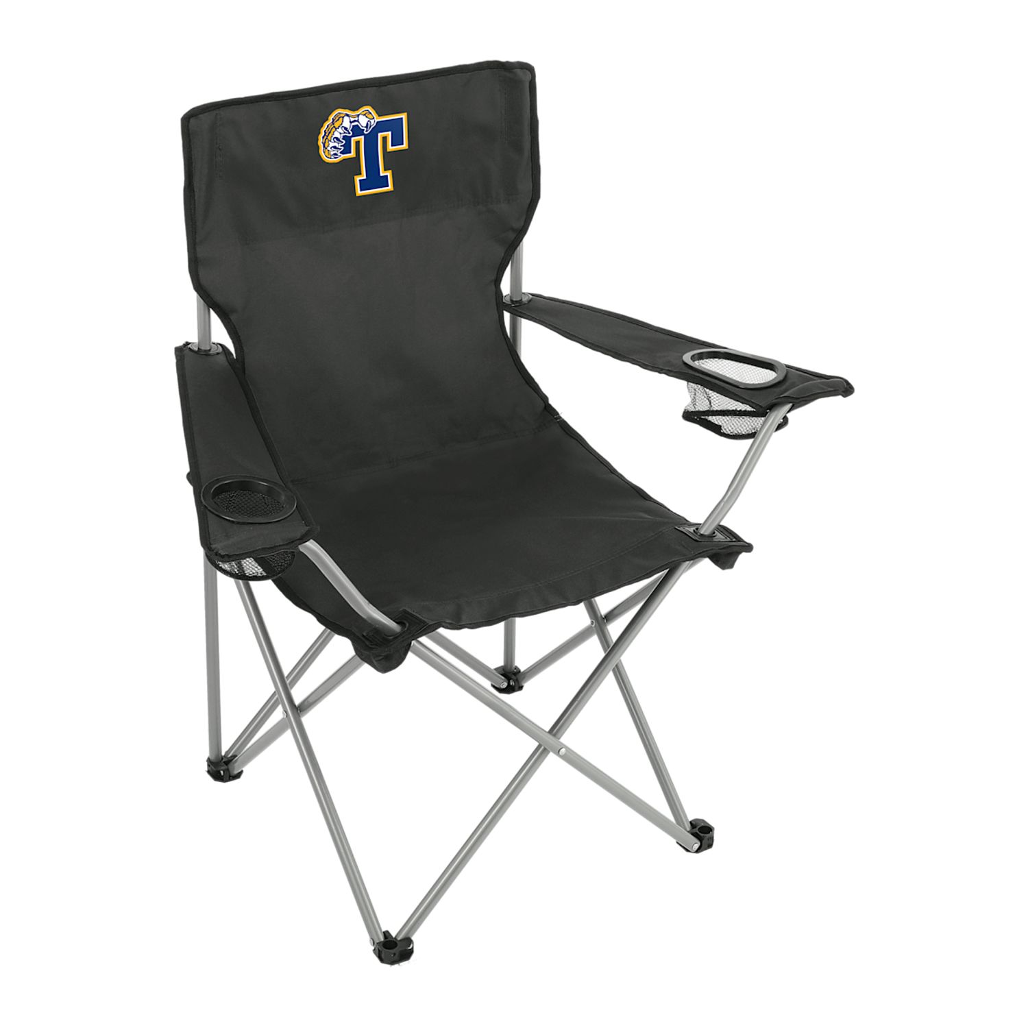 Black folding outdoor event chair made from durable 600D polycanvas with padded armrests, built-in cup holders, and a matching carrying bag with shoulder strap.