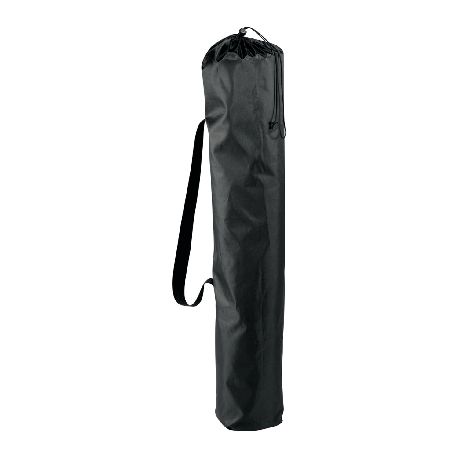 Black folding outdoor event chair made from durable 600D polycanvas with padded armrests, built-in cup holders, and a matching carrying bag with shoulder strap.