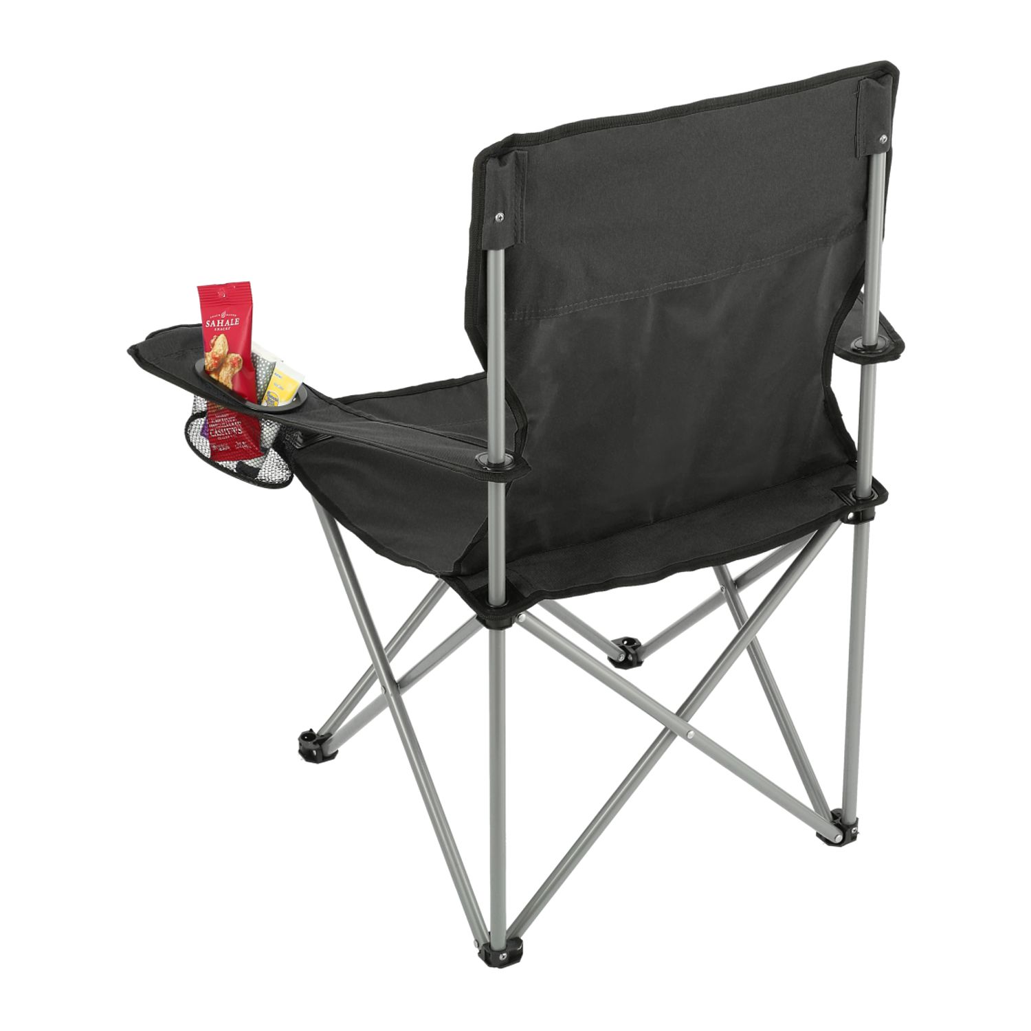 Black folding outdoor event chair made from durable 600D polycanvas with padded armrests, built-in cup holders, and a matching carrying bag with shoulder strap.