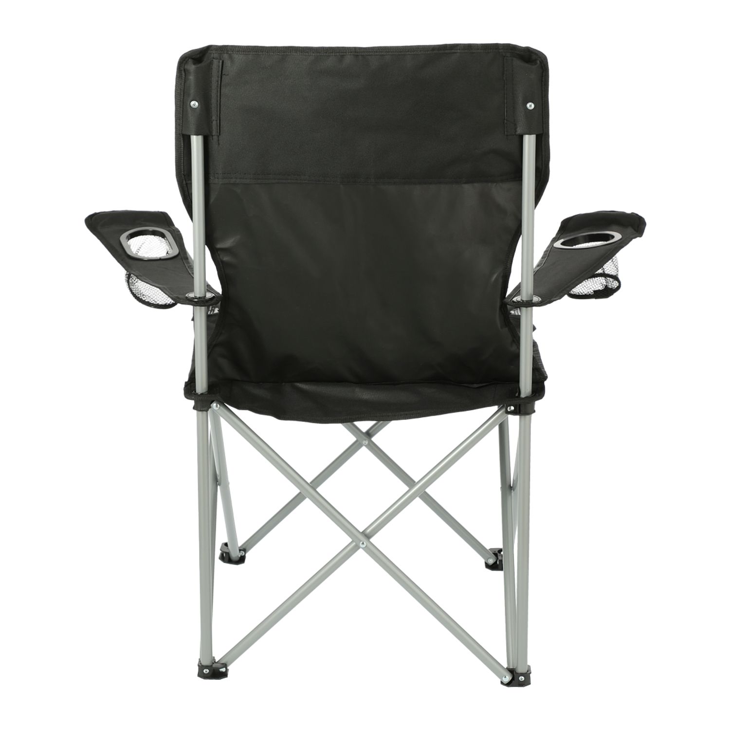 Black folding outdoor event chair made from durable 600D polycanvas with padded armrests, built-in cup holders, and a matching carrying bag with shoulder strap.