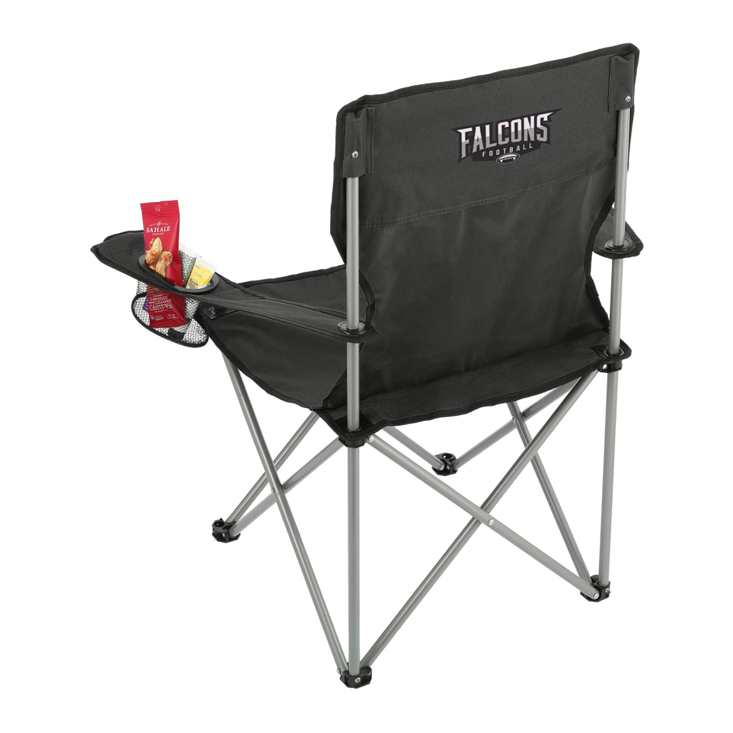 Black folding outdoor event chair made from durable 600D polycanvas with padded armrests, built-in cup holders, and a matching carrying bag with shoulder strap.