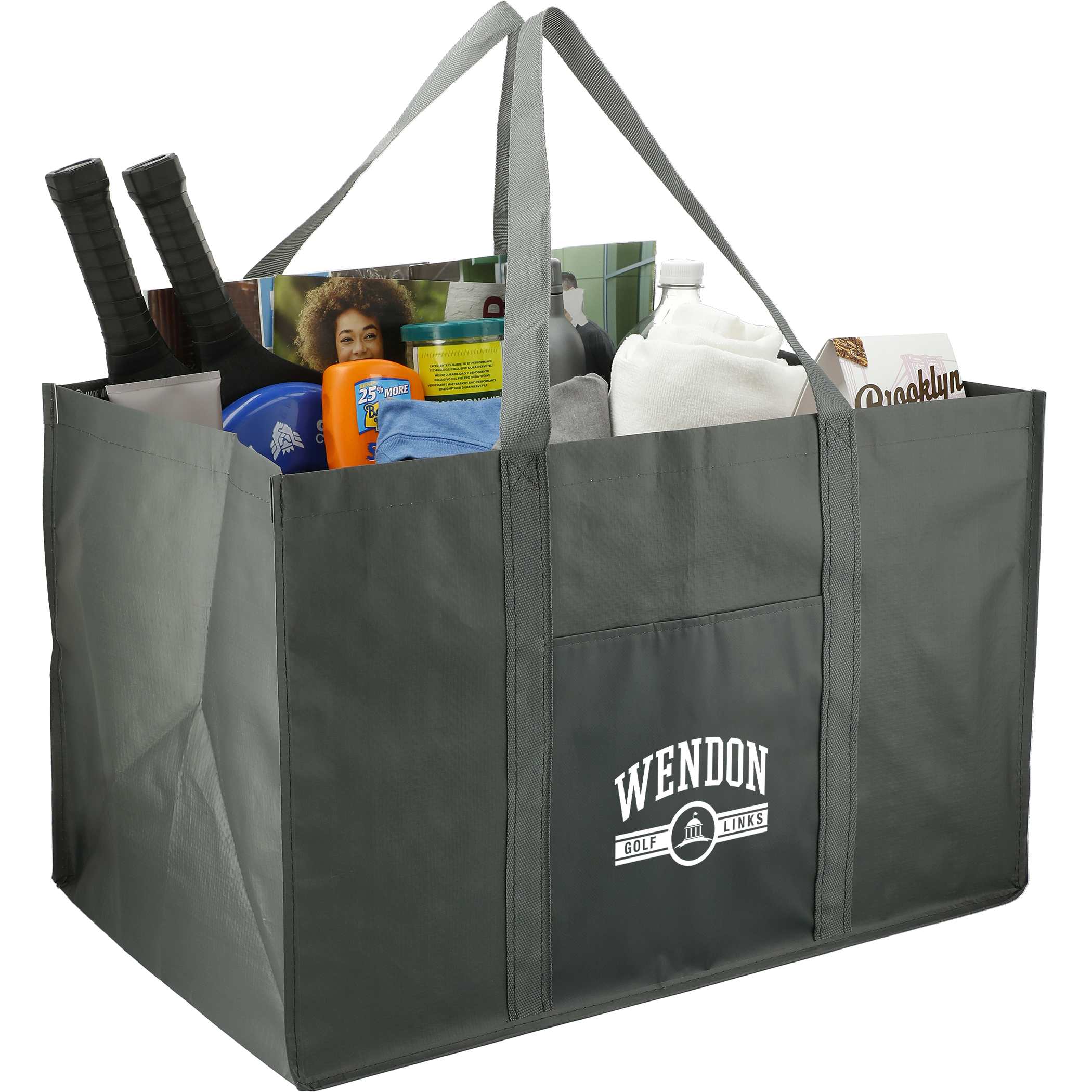 Gray Recycled Woven Utility Tote, featuring durable recycled woven fabric, a spacious open main compartment, reinforced dual carry handles, and a structured gusseted design for grocery shopping, errands, beach trips, and everyday carrying.