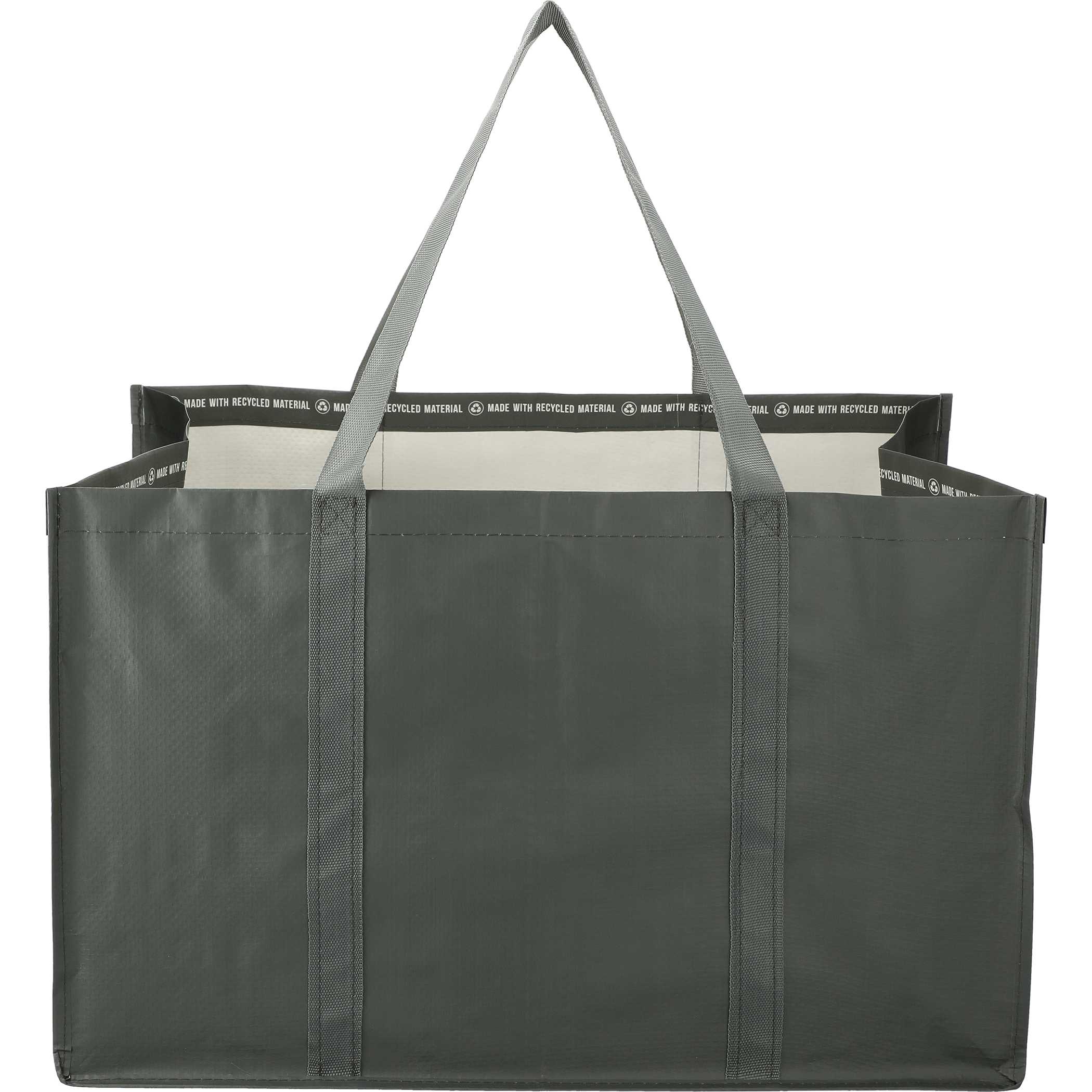 Gray Recycled Woven Utility Tote, featuring durable recycled woven fabric, a spacious open main compartment, reinforced dual carry handles, and a structured gusseted design for grocery shopping, errands, beach trips, and everyday carrying.