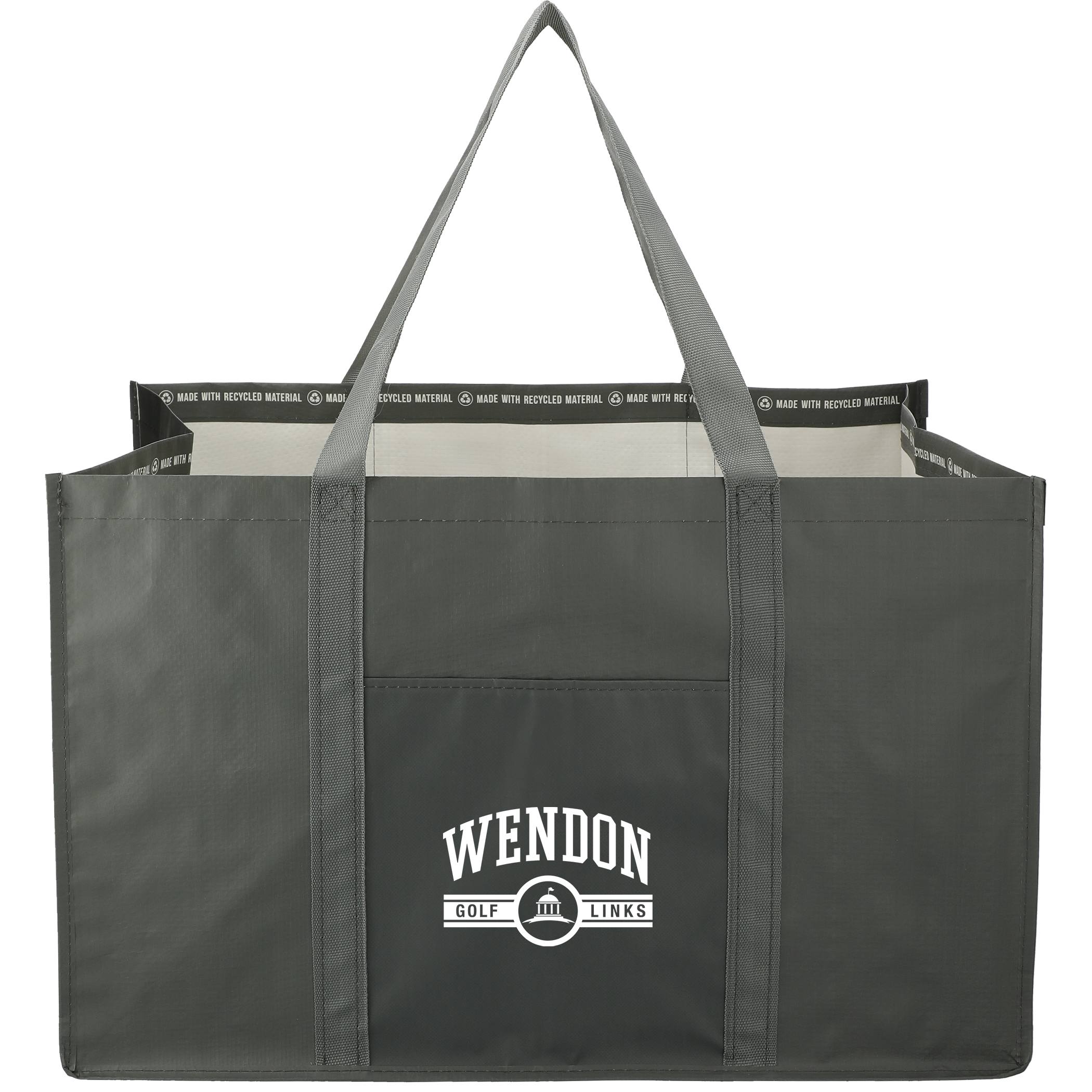 Gray Recycled Woven Utility Tote, featuring durable recycled woven fabric, a spacious open main compartment, reinforced dual carry handles, and a structured gusseted design for grocery shopping, errands, beach trips, and everyday carrying.