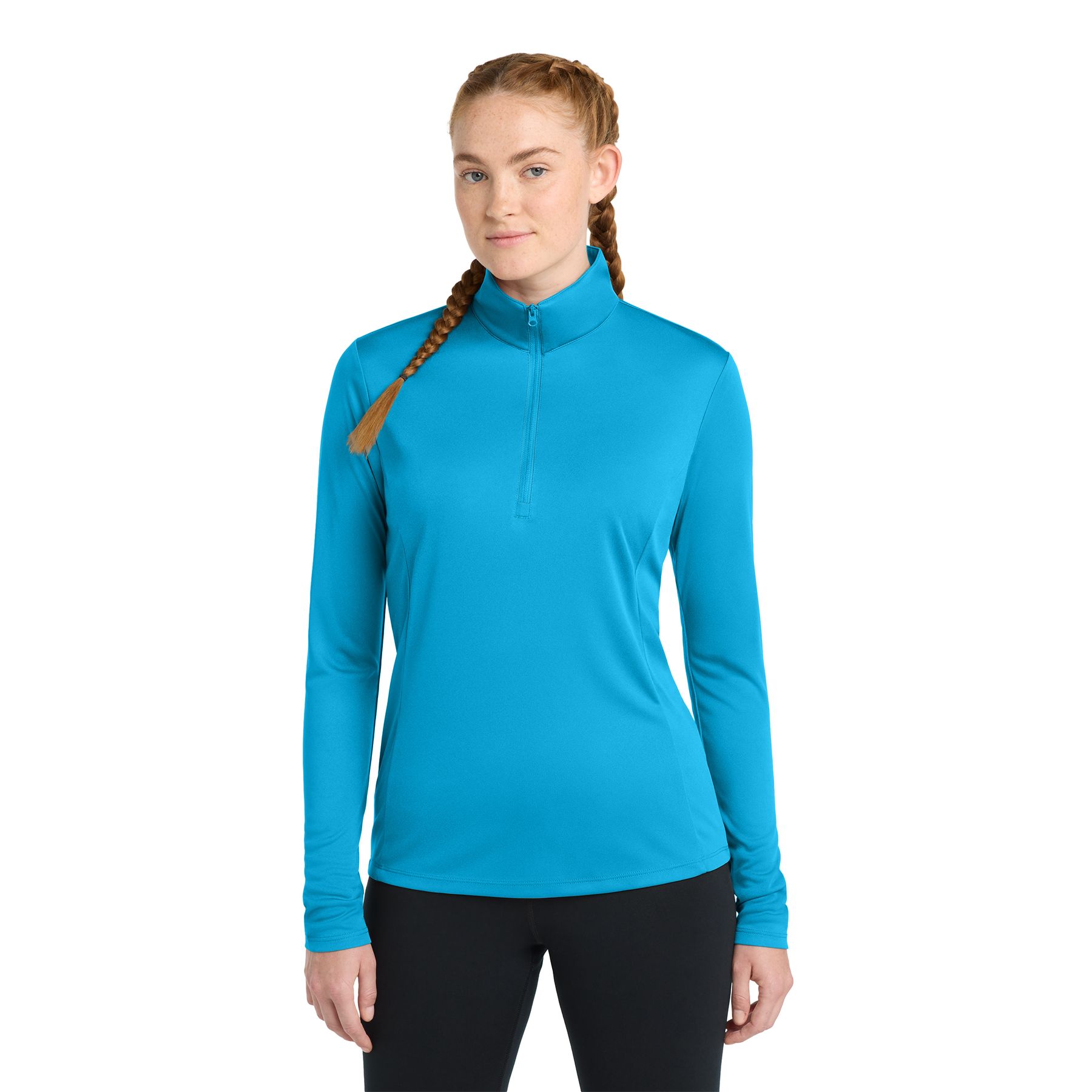Atomic Blue women's quarter-zip performance pullover made from polyester interlock with PosiCharge® technology, featuring a cadet collar, reverse coil zipper, princess seams, set-in sleeves, and a drop tail hem.