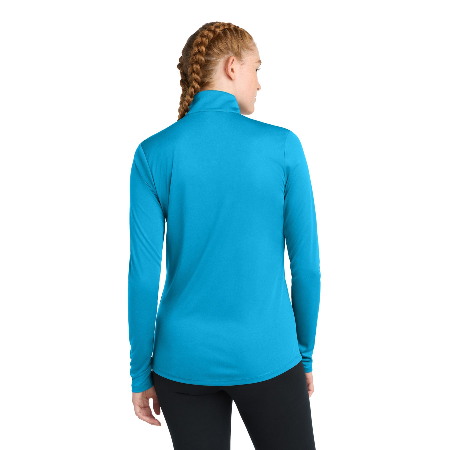 Atomic Blue women's quarter-zip performance pullover made from polyester interlock with PosiCharge® technology, featuring a cadet collar, reverse coil zipper, princess seams, set-in sleeves, and a drop tail hem.