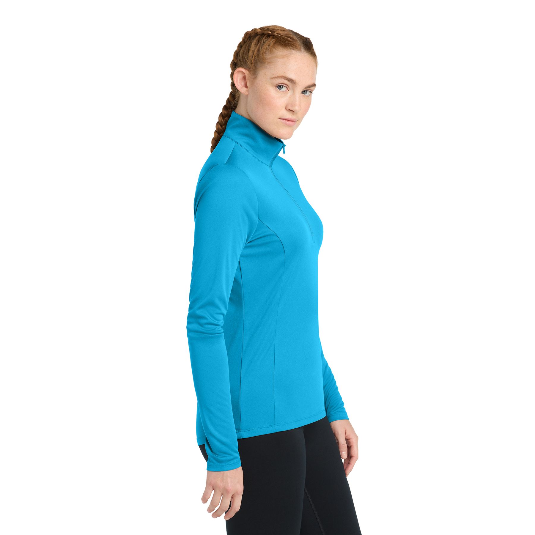 Atomic Blue women's quarter-zip performance pullover made from polyester interlock with PosiCharge® technology, featuring a cadet collar, reverse coil zipper, princess seams, set-in sleeves, and a drop tail hem.