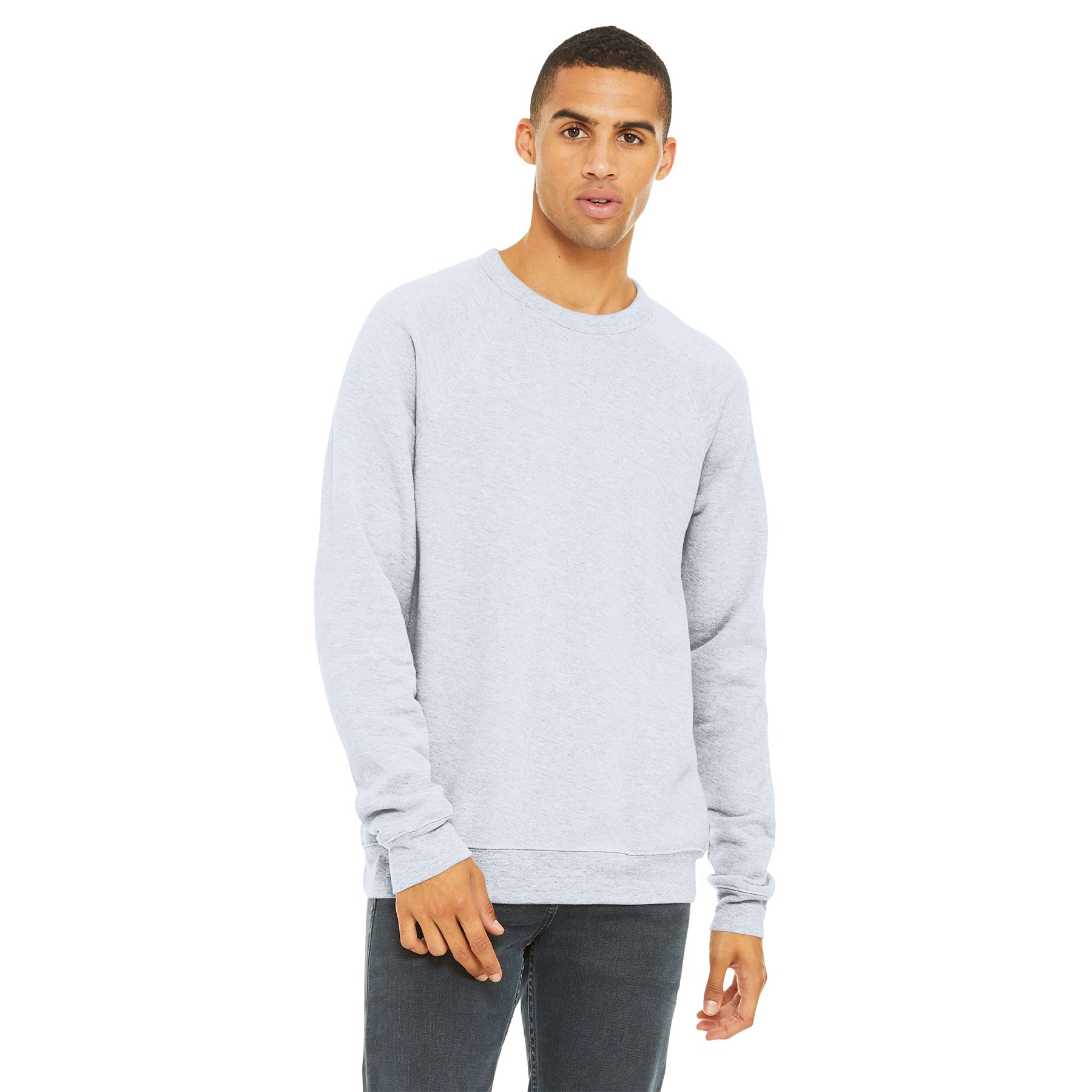 Ash unisex sponge fleece raglan sweatshirt featuring a retail fit, raglan sleeves, rib knit cuffs, and rib knit hem for comfortable everyday wear.