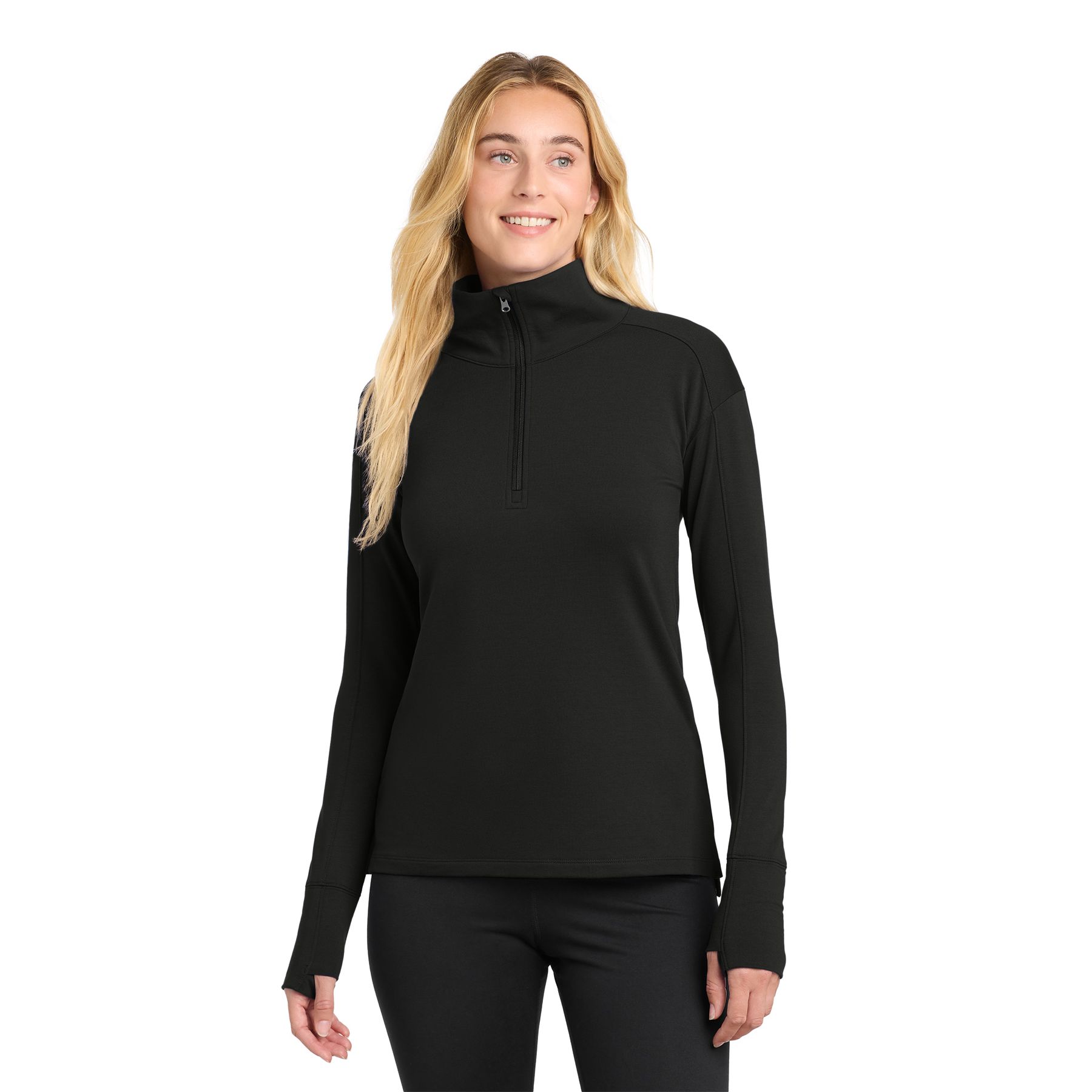 Black women's quarter-zip stretch fleece pullover featuring a cadet collar, moisture-wicking fabric, self-fabric cuffs and hem, and thumbholes for warmth.