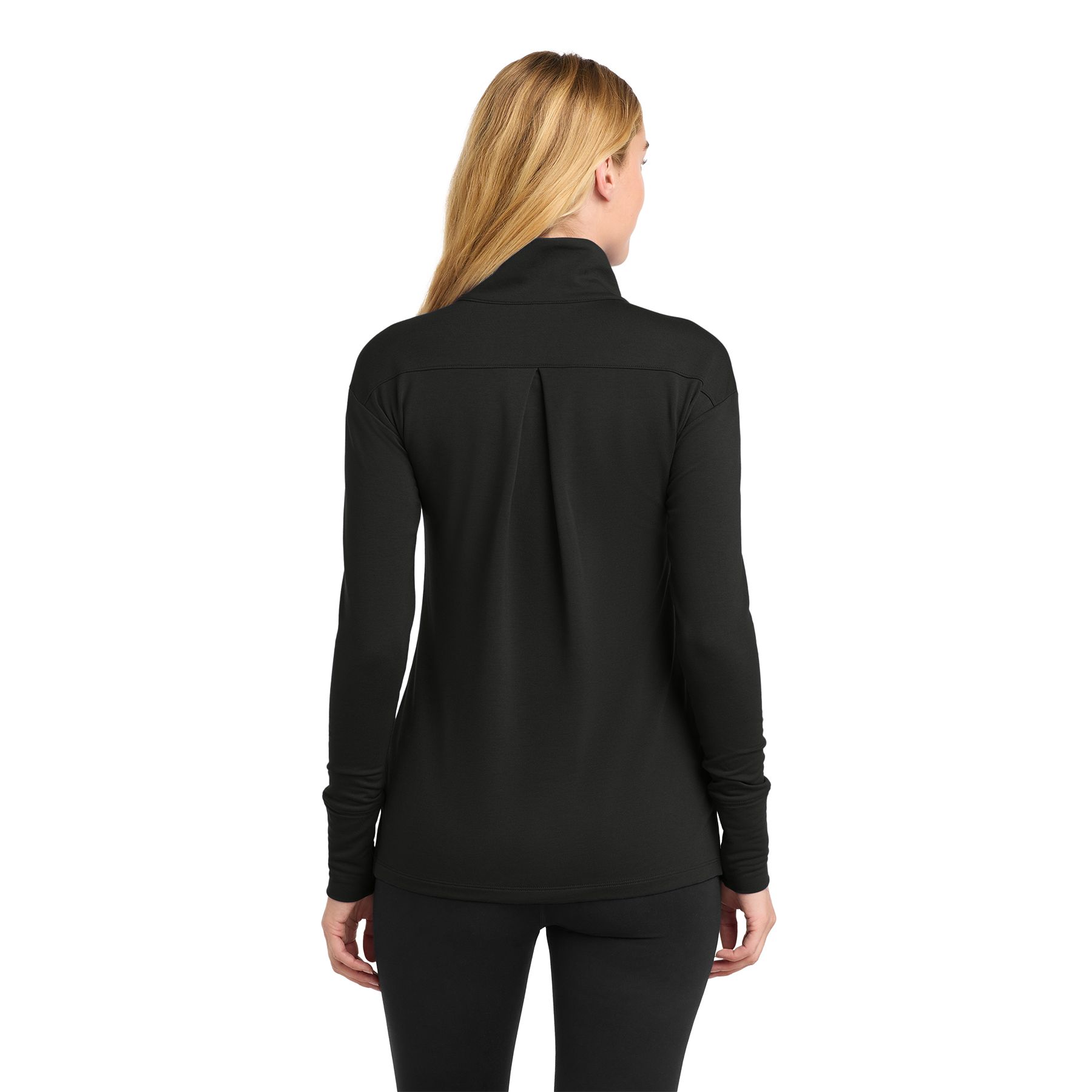 Black women's quarter-zip stretch fleece pullover featuring a cadet collar, moisture-wicking fabric, self-fabric cuffs and hem, and thumbholes for warmth.