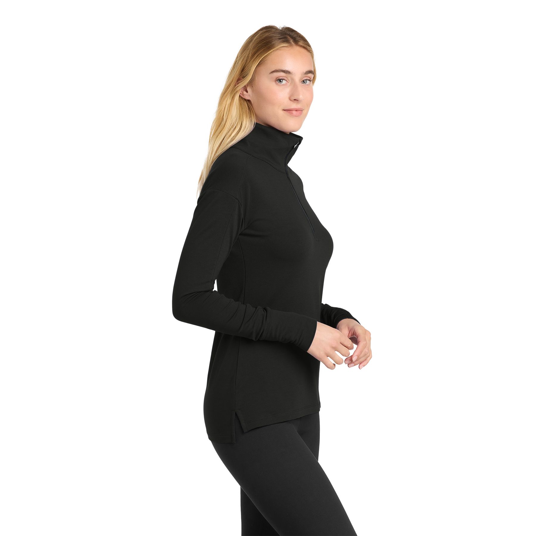 Black women's quarter-zip stretch fleece pullover featuring a cadet collar, moisture-wicking fabric, self-fabric cuffs and hem, and thumbholes for warmth.