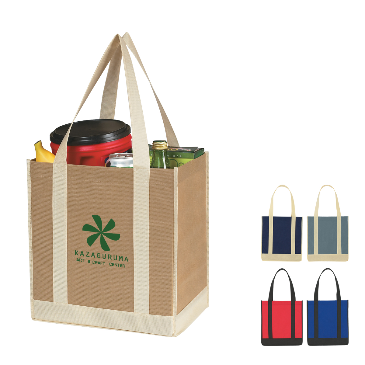 Tan/Ivory Non-Woven Two-Tone Shopper Tote Bag, featuring durable two-tone non-woven polypropylene, contrasting front panel and handles, a spacious open main compartment with gusseted sides, and a reusable design for shopping, trade shows, events, and everyday carrying.