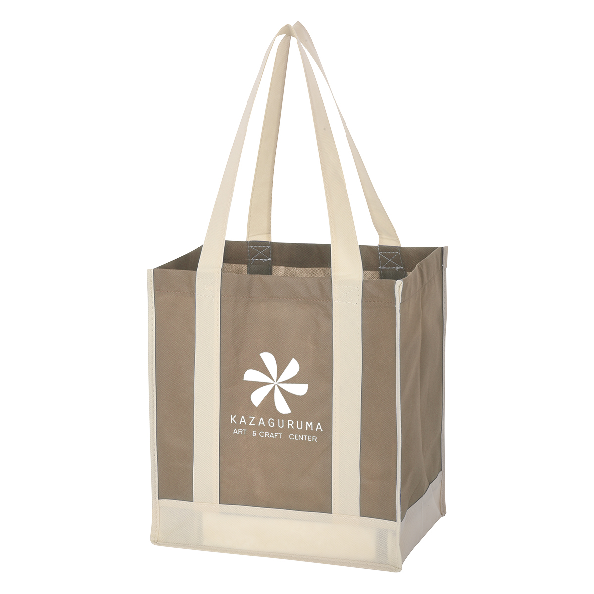 Tan/Ivory Non-Woven Two-Tone Shopper Tote Bag, featuring durable two-tone non-woven polypropylene, contrasting front panel and handles, a spacious open main compartment with gusseted sides, and a reusable design for shopping, trade shows, events, and everyday carrying.