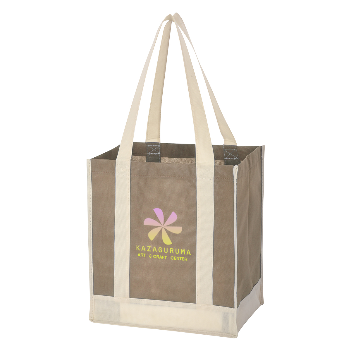 Tan/Ivory Non-Woven Two-Tone Shopper Tote Bag, featuring durable two-tone non-woven polypropylene, contrasting front panel and handles, a spacious open main compartment with gusseted sides, and a reusable design for shopping, trade shows, events, and everyday carrying.