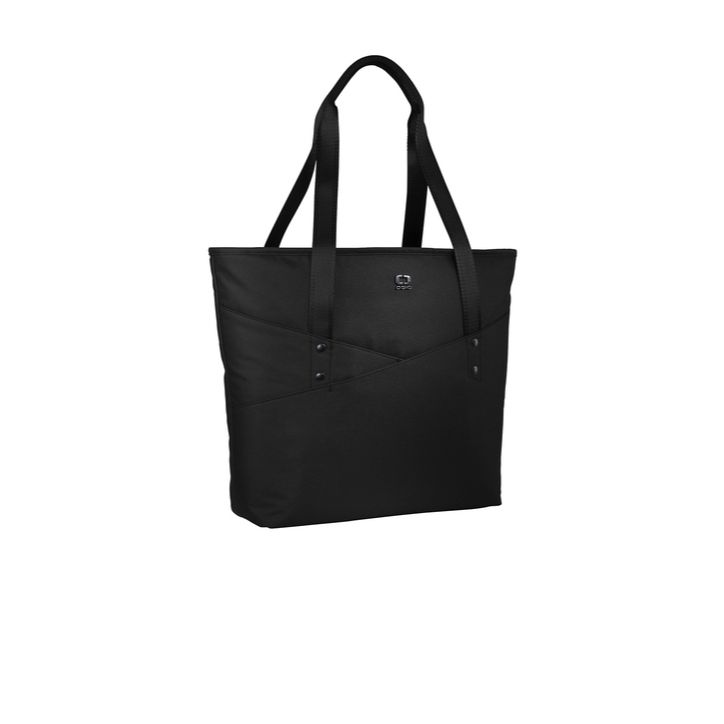 Black OGIO® Downtown Tote, featuring durable heathered fabric with a structured silhouette, zippered main compartment, padded laptop sleeve, dual carry handles, and multiple organizational pockets for commuting, business travel, and everyday work essentials.