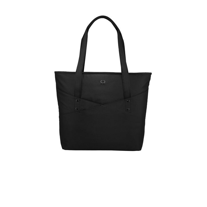 Black OGIO® Downtown Tote, featuring durable heathered fabric with a structured silhouette, zippered main compartment, padded laptop sleeve, dual carry handles, and multiple organizational pockets for commuting, business travel, and everyday work essentials.