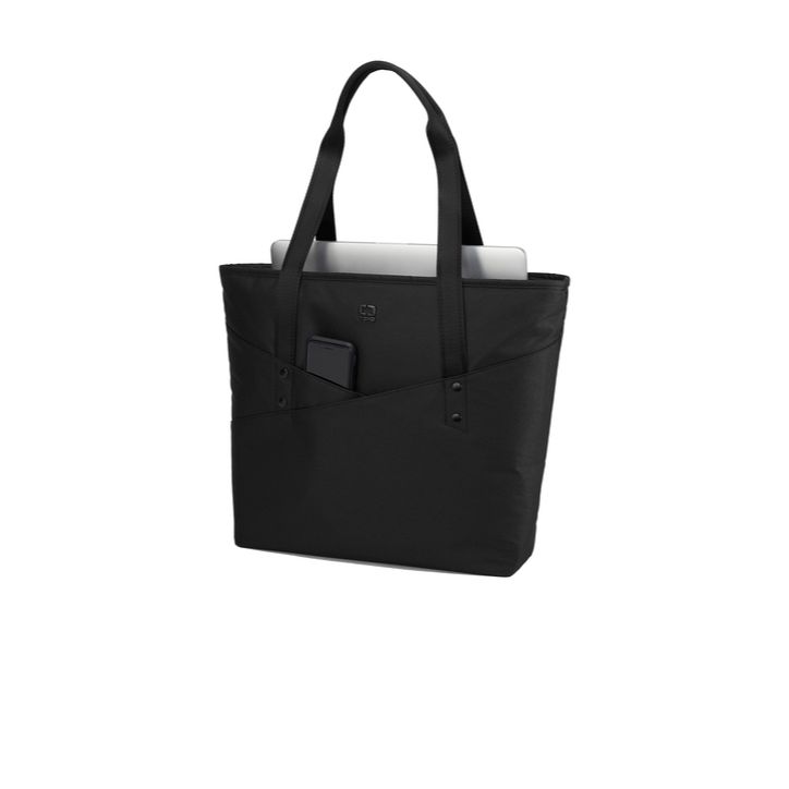 Black OGIO® Downtown Tote, featuring durable heathered fabric with a structured silhouette, zippered main compartment, padded laptop sleeve, dual carry handles, and multiple organizational pockets for commuting, business travel, and everyday work essentials.