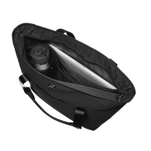 Black OGIO® Downtown Tote, featuring durable heathered fabric with a structured silhouette, zippered main compartment, padded laptop sleeve, dual carry handles, and multiple organizational pockets for commuting, business travel, and everyday work essentials.