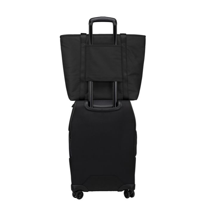 Black OGIO® Downtown Tote, featuring durable heathered fabric with a structured silhouette, zippered main compartment, padded laptop sleeve, dual carry handles, and multiple organizational pockets for commuting, business travel, and everyday work essentials.