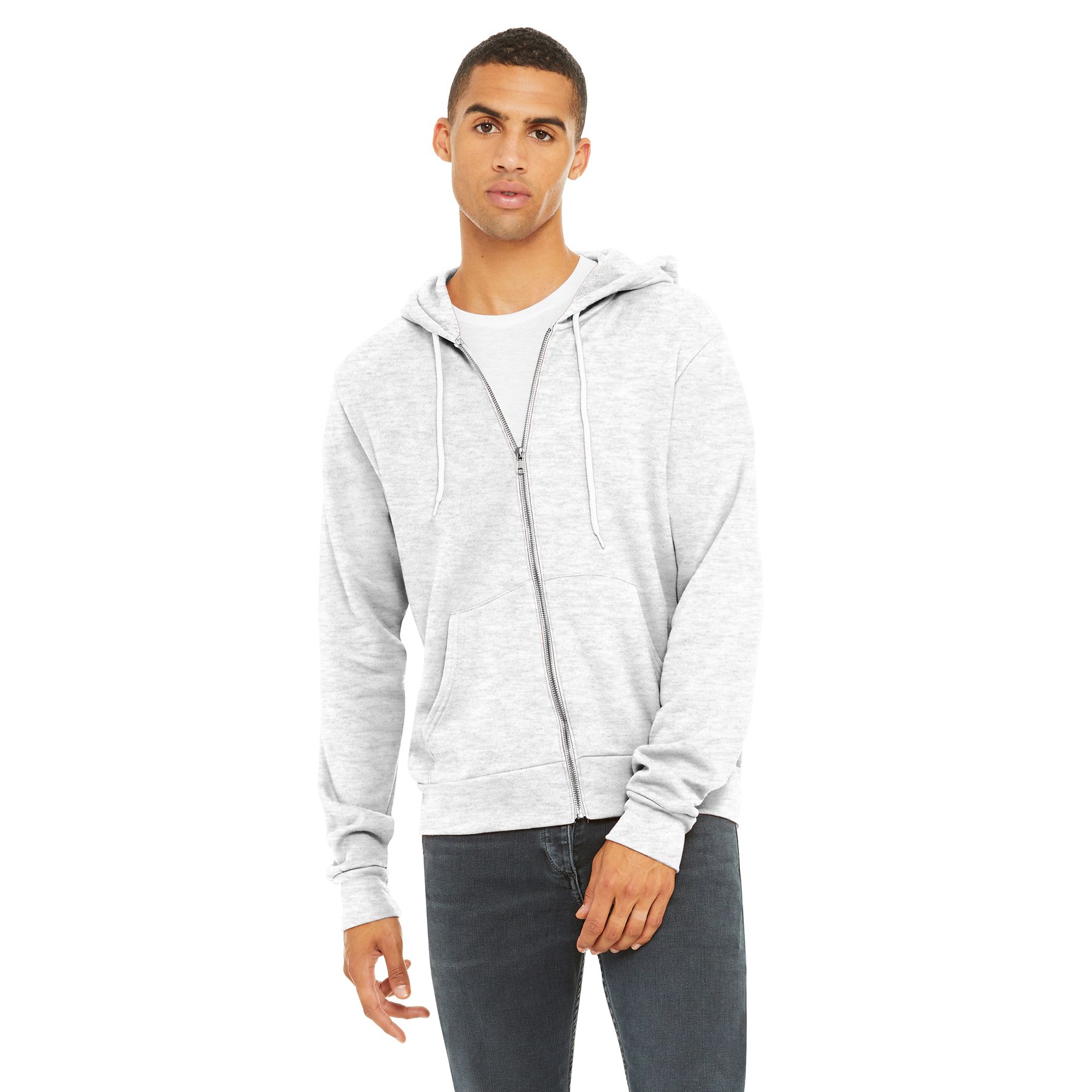Full-zip fleece hoodie with a retail fit, white drawcords, full-length zipper, rib knit cuffs and hem, and soft Airlume combed and ring-spun cotton blend fleece on a white background.