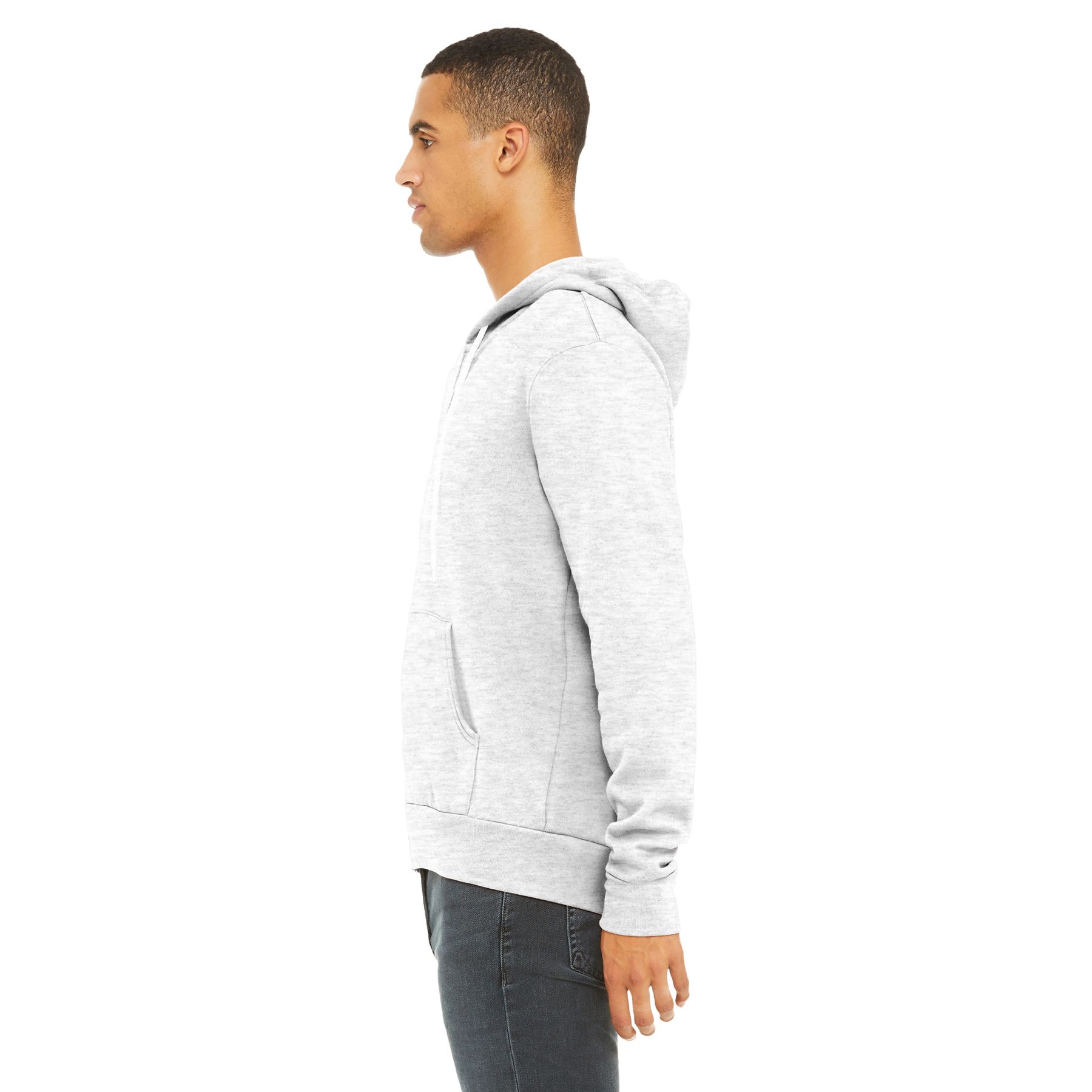 Full-zip fleece hoodie with a retail fit, white drawcords, full-length zipper, rib knit cuffs and hem, and soft Airlume combed and ring-spun cotton blend fleece on a white background.