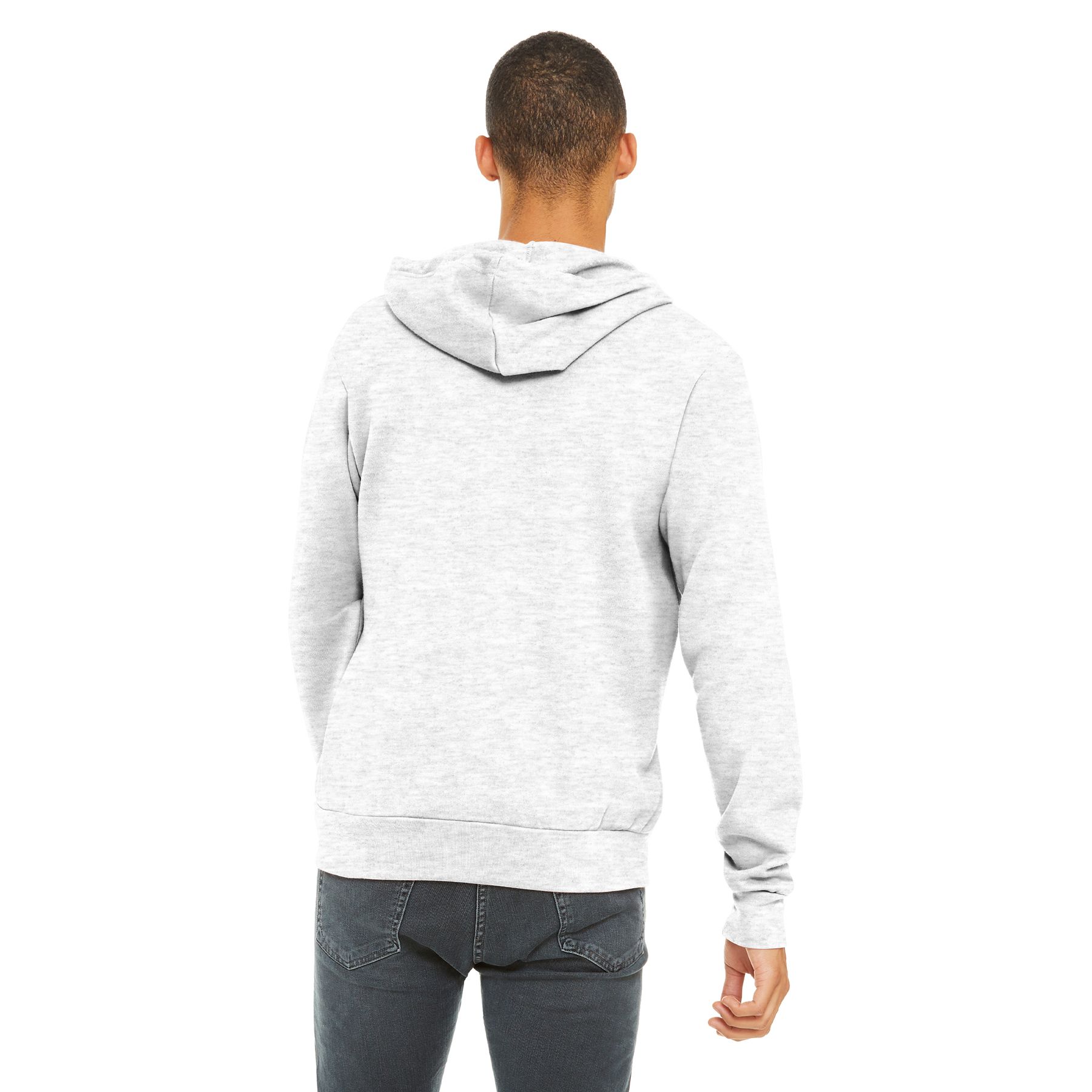 Full-zip fleece hoodie with a retail fit, white drawcords, full-length zipper, rib knit cuffs and hem, and soft Airlume combed and ring-spun cotton blend fleece on a white background.