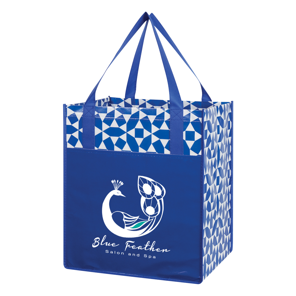 Front of Royal Blue Geometric Non-Woven Recycled Shopping Tote Bag, featuring durable recycled non-woven polypropylene with a modern geometric pattern, reinforced shoulder handles, a spacious gusseted main compartment, and a reusable design for grocery shopping, trade shows, errands, and everyday carrying.