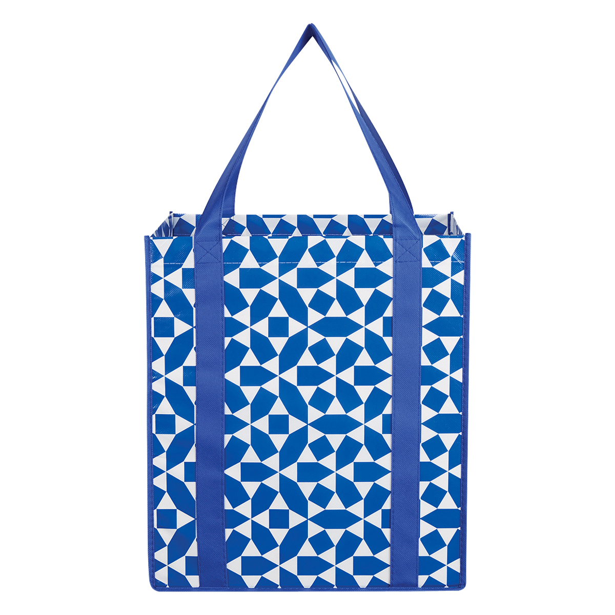 Back of Royal Blue Geometric Non-Woven Recycled Shopping Tote Bag, featuring durable recycled non-woven polypropylene with a modern geometric pattern, reinforced shoulder handles, a spacious gusseted main compartment, and a reusable design for grocery shopping, trade shows, errands, and everyday carrying.