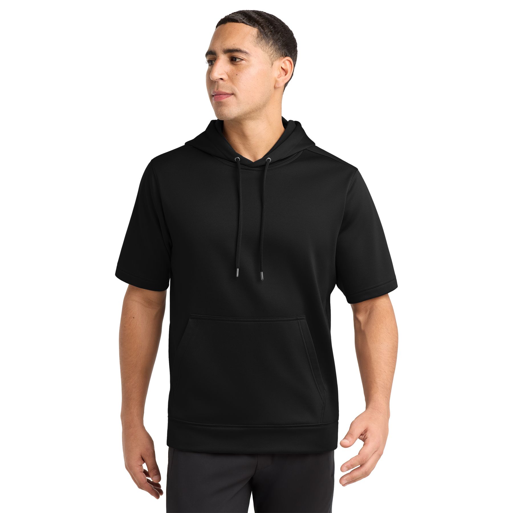 Black short sleeve performance hooded pullover made from moisture-wicking polyester with a three-panel hood, front pouch pocket, and athletic fit on a white background.