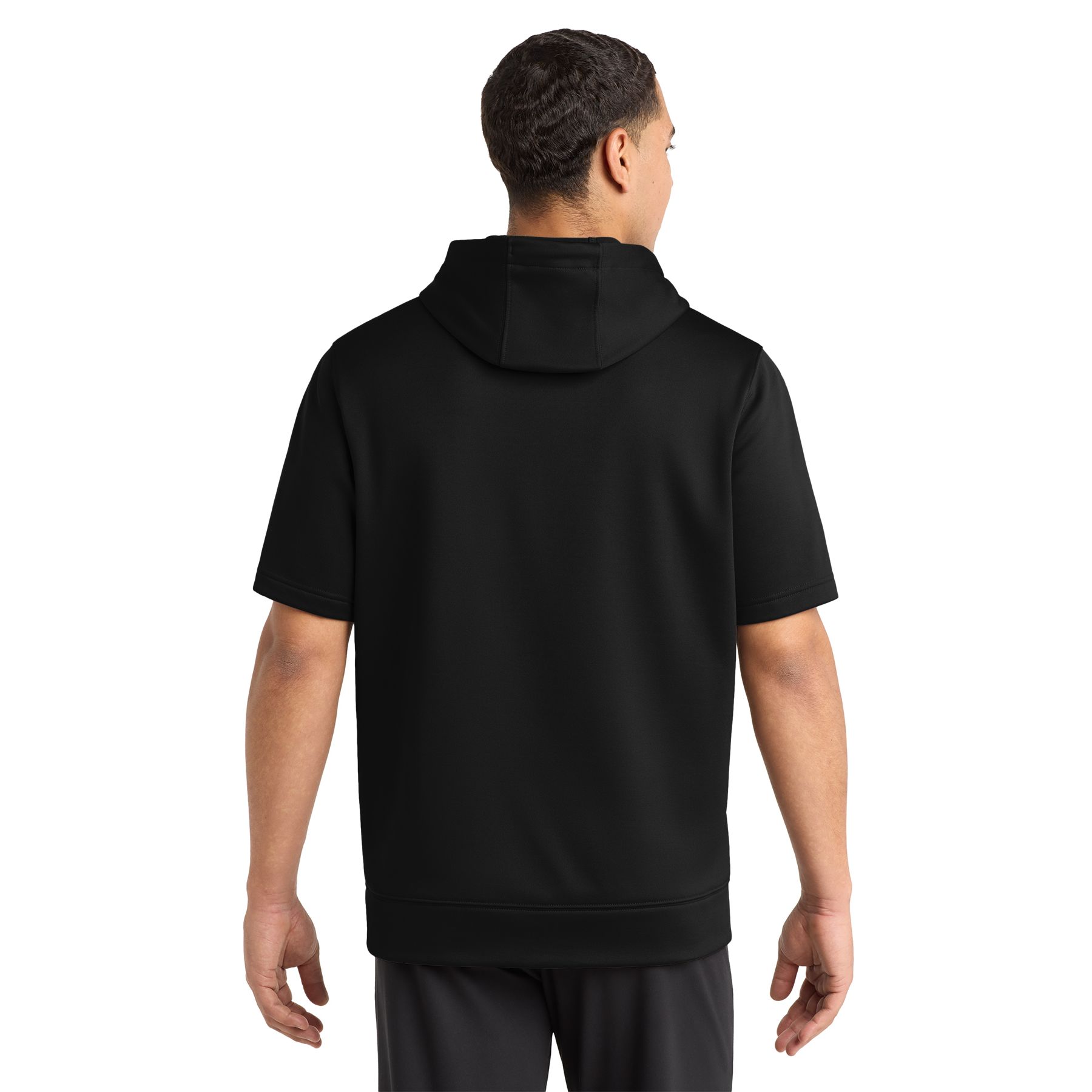 Black short sleeve performance hooded pullover made from moisture-wicking polyester with a three-panel hood, front pouch pocket, and athletic fit on a white background.