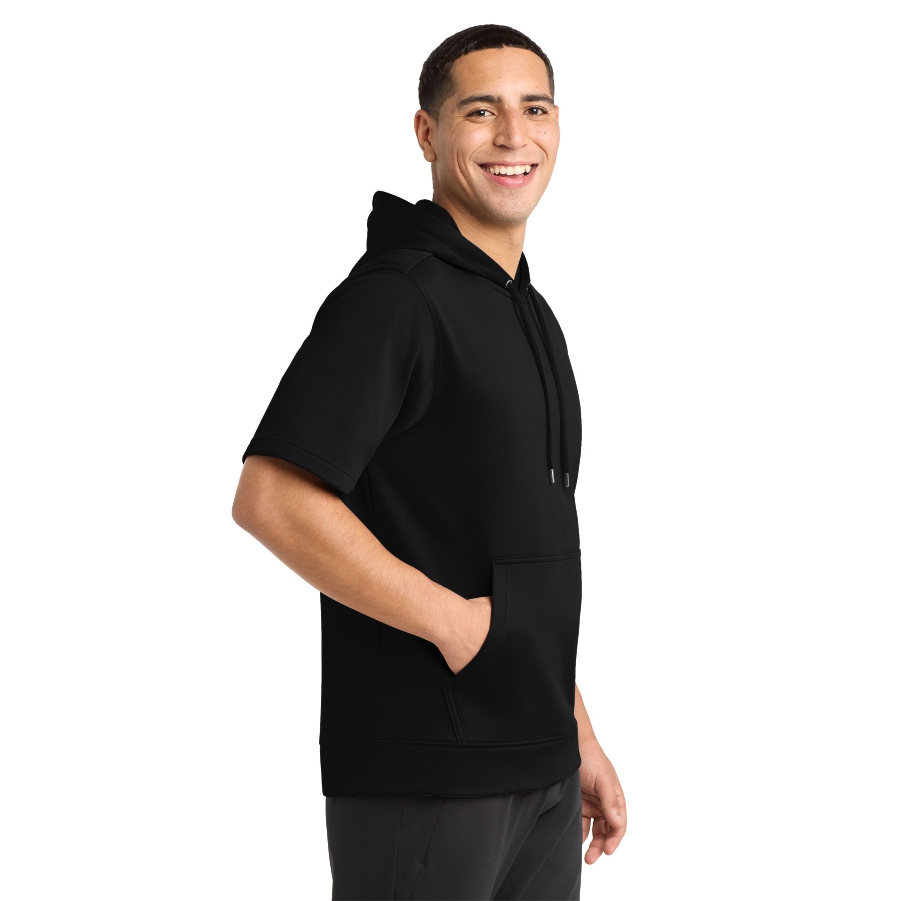 Black short sleeve performance hooded pullover made from moisture-wicking polyester with a three-panel hood, front pouch pocket, and athletic fit on a white background.
