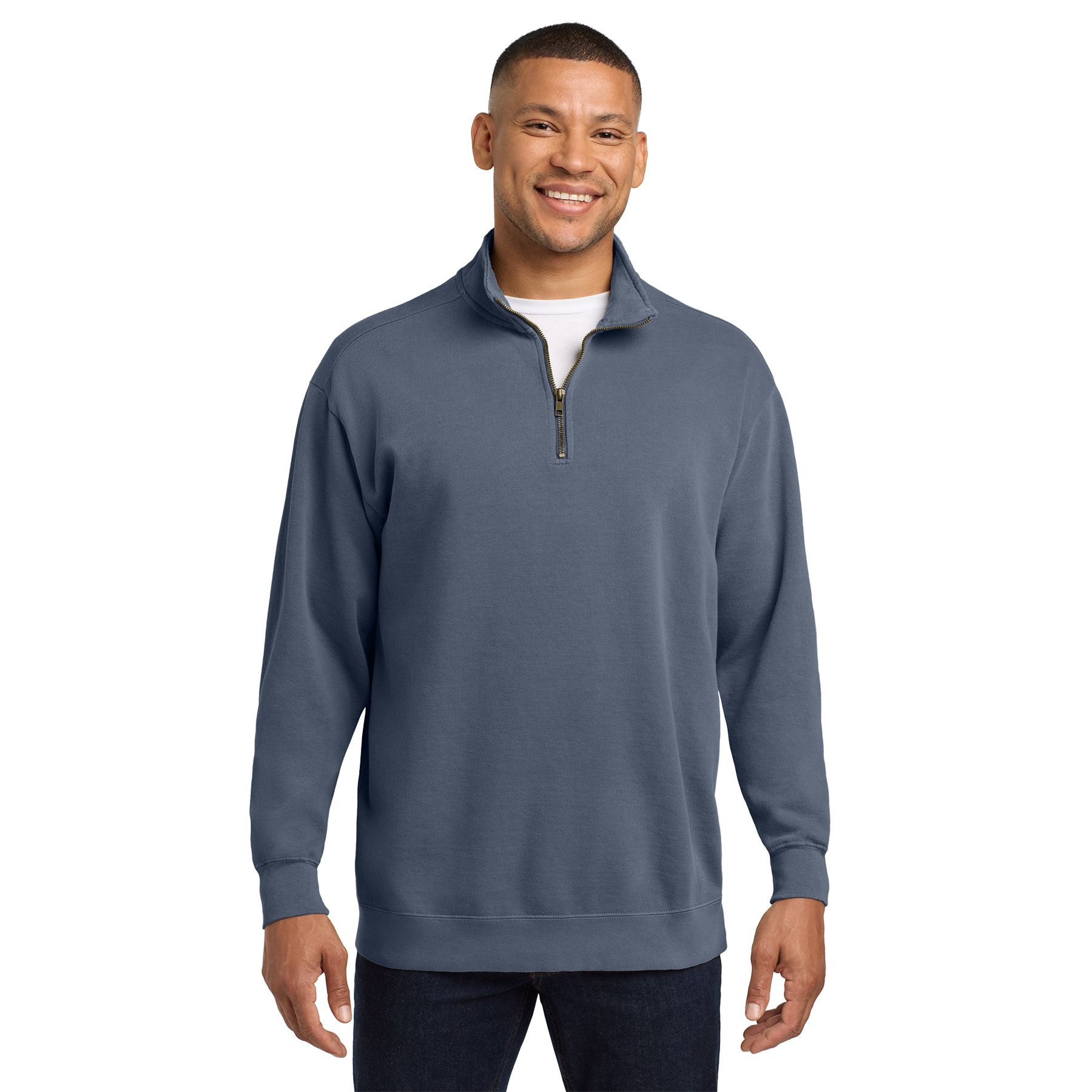 Blue Jean garment-dyed quarter-zip sweatshirt made from a soft ring spun cotton and polyester fleece blend with a self-fabric lined collar and relaxed fit on a white background.