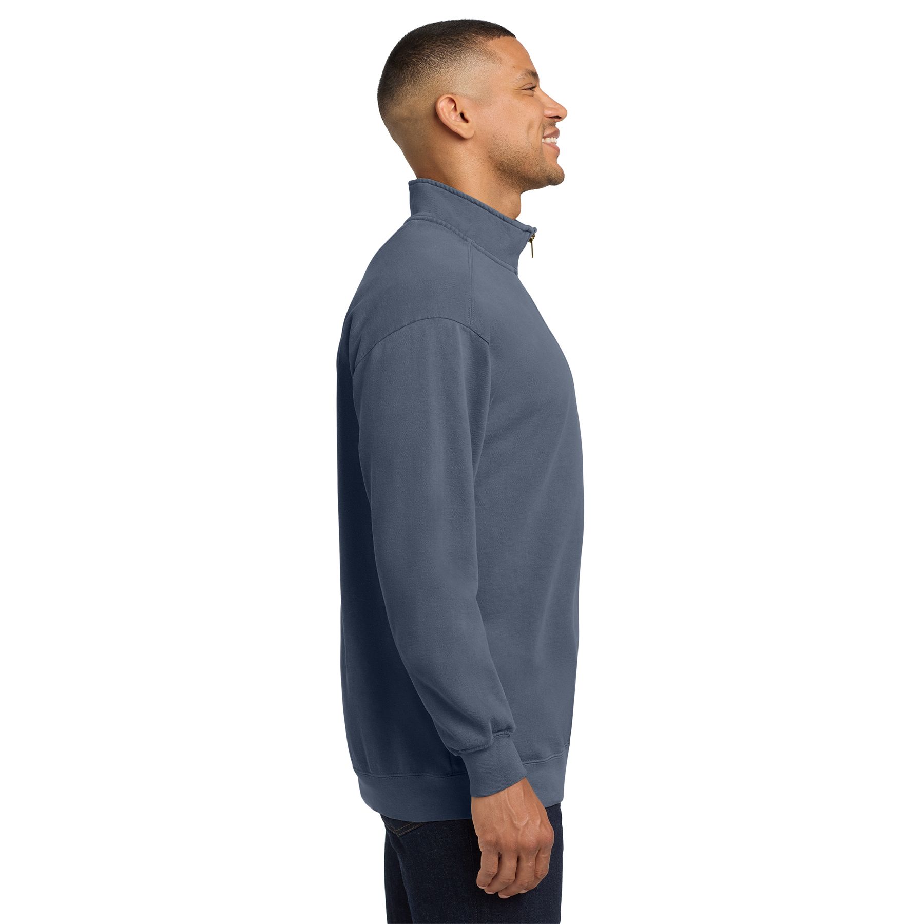 Blue Jean garment-dyed quarter-zip sweatshirt made from a soft ring spun cotton and polyester fleece blend with a self-fabric lined collar and relaxed fit on a white background.