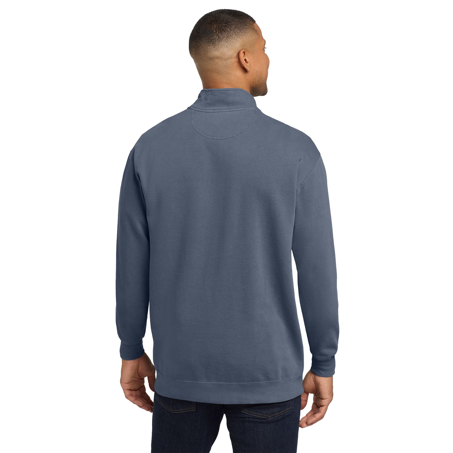 Blue Jean garment-dyed quarter-zip sweatshirt made from a soft ring spun cotton and polyester fleece blend with a self-fabric lined collar and relaxed fit on a white background.