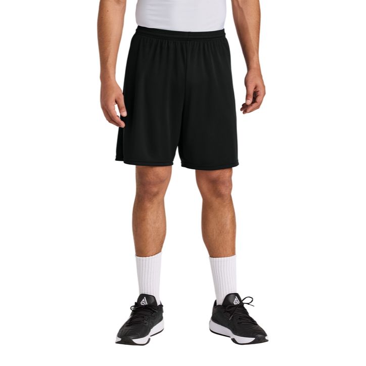 Black A4 Cooling Performance 7" Short, featuring lightweight moisture-wicking performance fabric, an elastic waistband with adjustable drawcord, a 7-inch inseam, and an athletic fit for training, running, team sports, and everyday active wear.