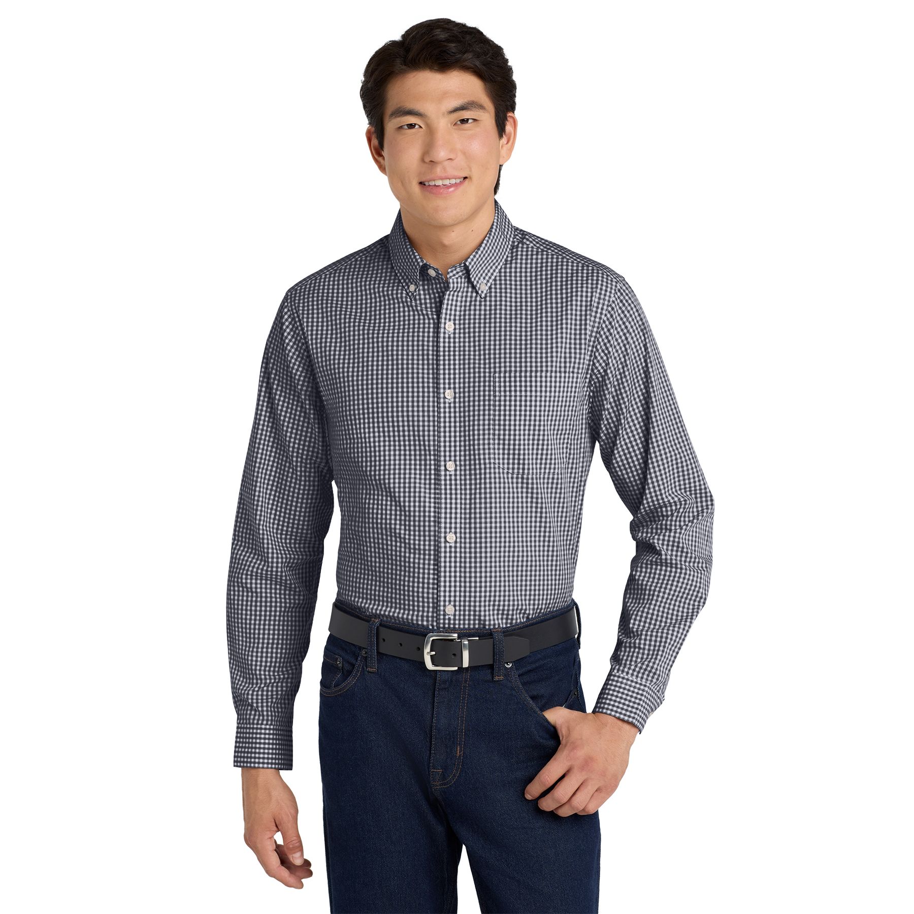 Black and white gingham long sleeve button-down shirt featuring a button-down collar, pearlized buttons, left chest pocket, and adjustable mitered cuffs.