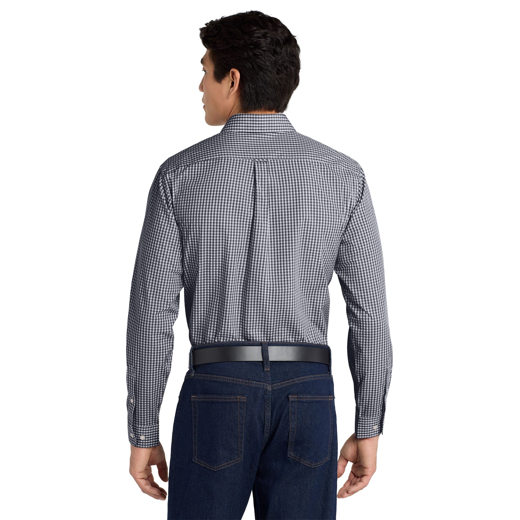 Black and white gingham long sleeve button-down shirt featuring a button-down collar, pearlized buttons, left chest pocket, and adjustable mitered cuffs.